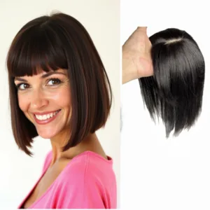 Human Hair Topper with Bangs (Straight, Grey Cover)