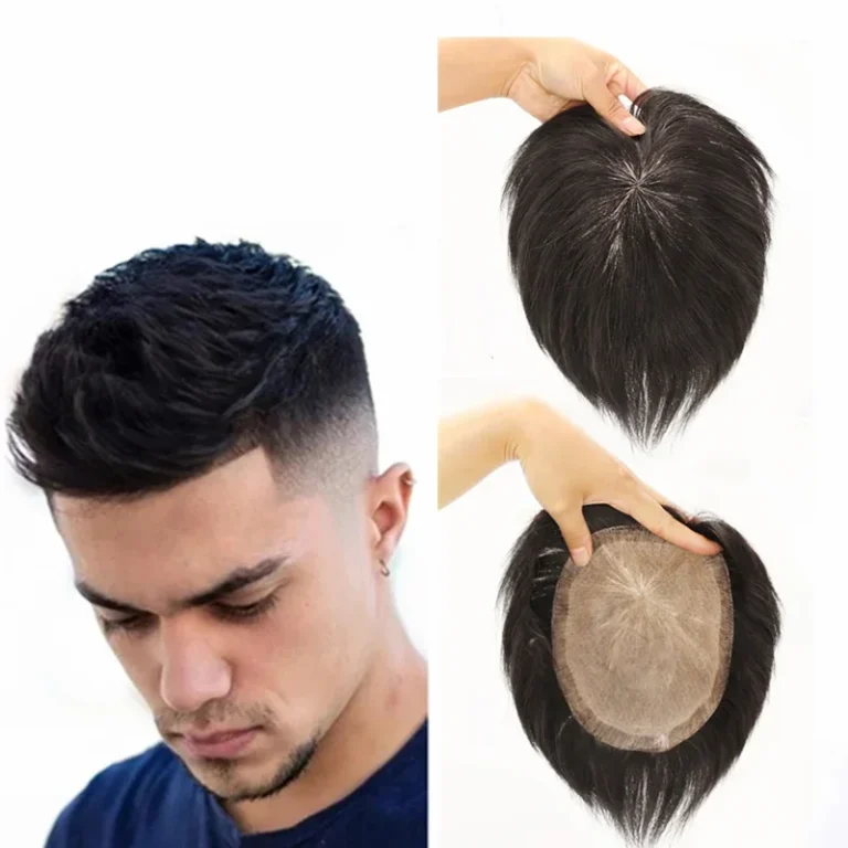 Men’s Human Hair Toupee (Natural Black, Tapes)
